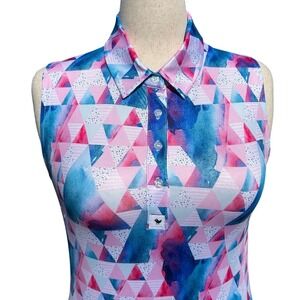 Bad Birdie Womens Sleeveless Golf Polo XL Pink Blue Calypso Geometric Golfcore